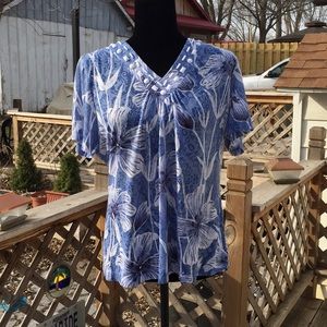 Blue and white floral top with decorative yoke